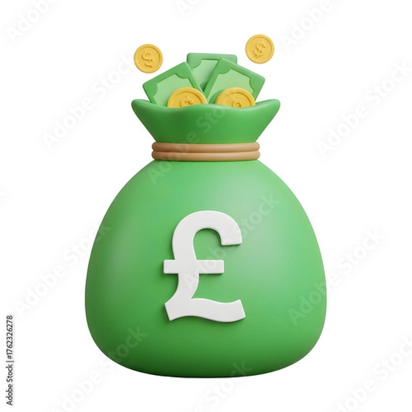 Fototapeta 3d icon of green money bag with british pound symbol and coins isolated on transparent background