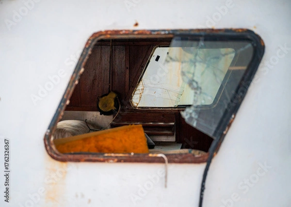 Fototapeta Broken Window on an Abandoned Fishing Boat Cabin