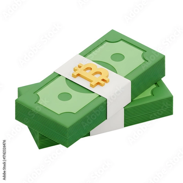 Fototapeta 3d icon of stack of green bitcoin banknotes isolated on transparent background