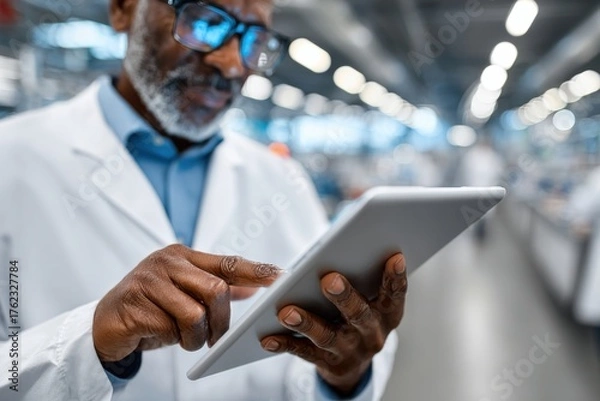 Obraz Professional using tablet in a modern laboratory setting during an advanced research session