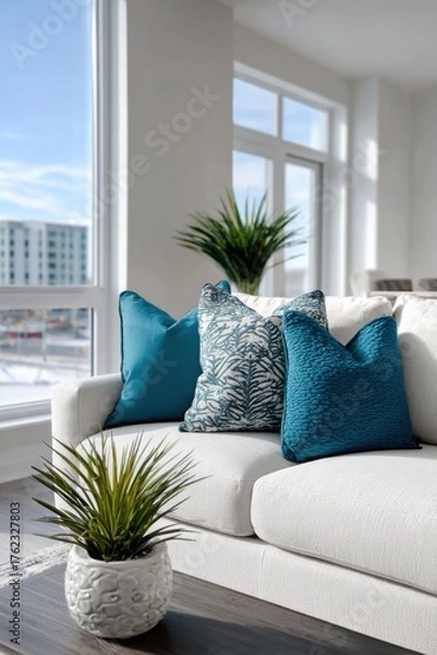 Fototapeta Bright living room with stylish couch and decorative pillows in a modern space during daylight