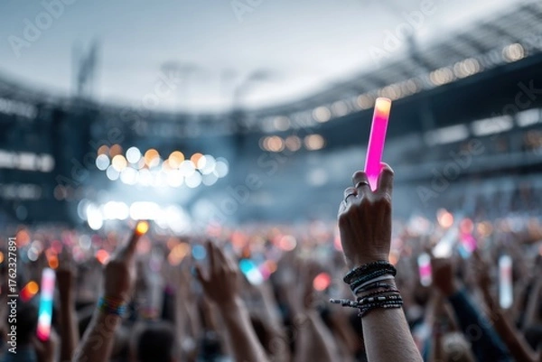 Fototapeta Colorful light sticks illuminate the crowd at a nighttime concert in a large stadium