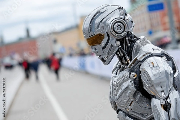 Fototapeta Robot stands quietly on city street while people walk by in the background on a cloudy day in a bustling urban setting