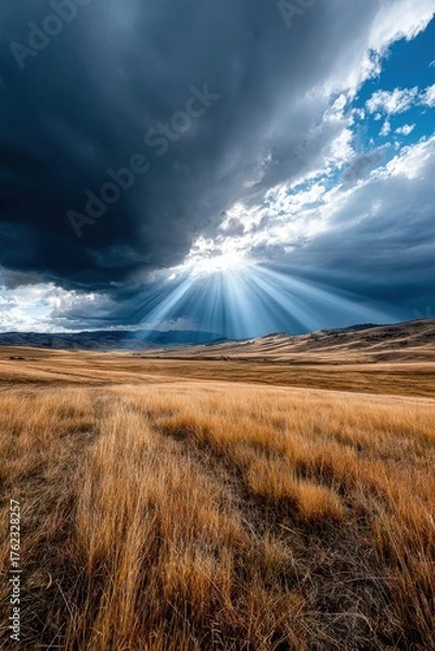 Fototapeta Dramatic lighting over golden grassland at midday near a mountain range