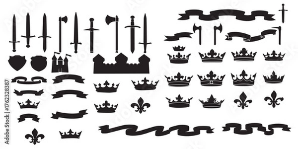 Fototapeta Medieval heraldry elements shields swords crowns and banners set vector
