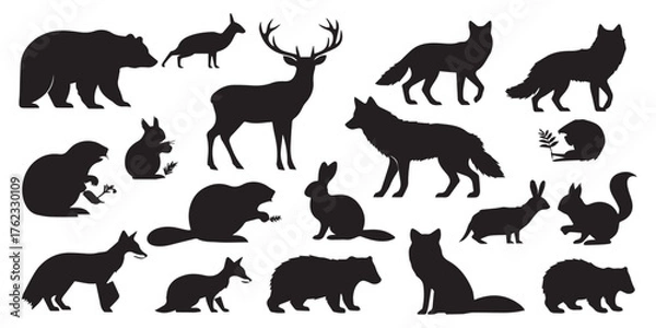 Fototapeta Collection of diverse wildlife animal silhouettes set vector
