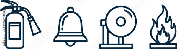 Fototapeta Set of four simple icons fire extinguisher bell alarm and flame for safety emergency preparedness