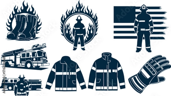 Fototapeta Firefighter gear and equipment emblem fire rescue service symbols american flag protection uniform