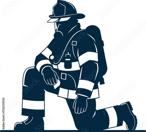 Fototapeta Brave firefighter kneeling ready for action ready to serve and protect our communities