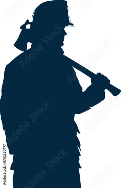 Fototapeta Silhouette of a firefighter in uniform carrying an axe over their shoulder ready for duty