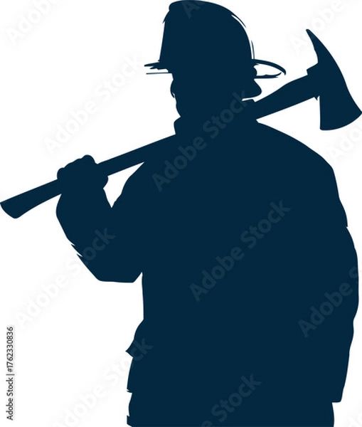 Fototapeta Silhouette of a courageous firefighter carrying an axe over a shoulder heroically ready for action