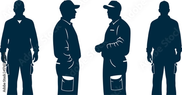 Fototapeta Silhouettes of construction workers in different poses demonstrating safety gear and uniforms