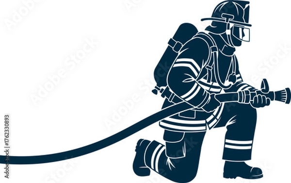 Fototapeta Silhouette of firefighter in protective gear with oxygen tank and hose on