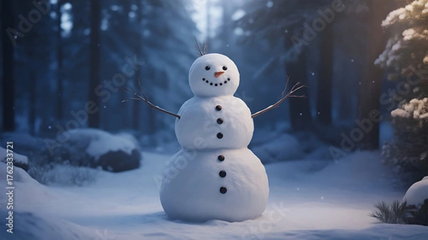 Fototapeta Snowman in snowy forest at twilight with stick arms and coal buttons – peaceful winter scene for holiday, seasonal, or nature-themed visuals