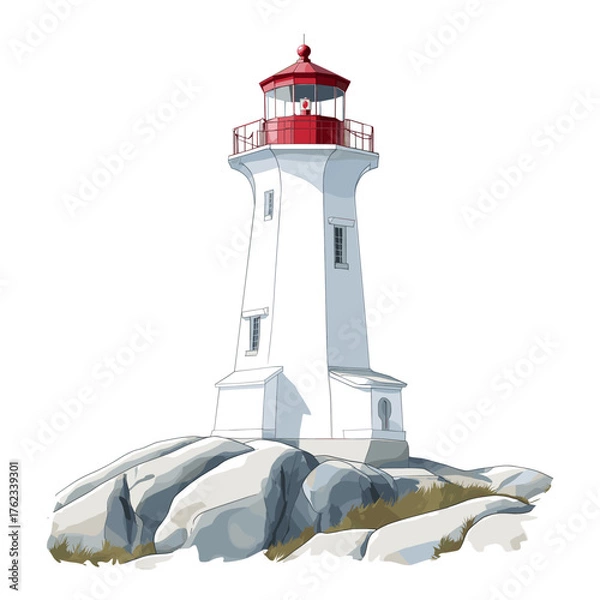 Fototapeta Peggy?s Cove Lighthouse. Peggy?s Cove Lighthouse hand drawn watercolor illustration