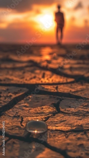 Fototapeta A person walks on cracked earth under a sunset. A small droplet of water is visible on the dry ground, highlighting the drinking water problem.