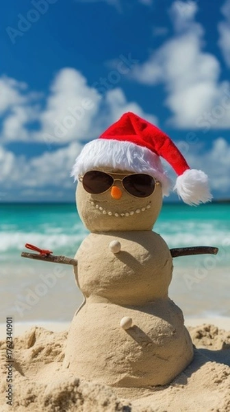 Fototapeta A sand snowman wearing a red Santa hat and sunglasses stands on a tropical beach. The ocean and blue sky create a festive holiday atmosphere.
