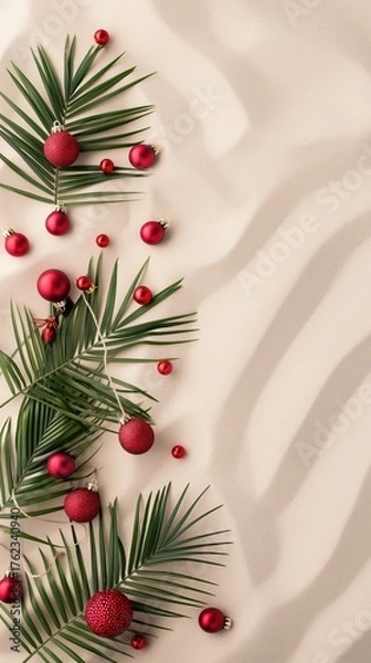 Fototapeta Tropical Christmas scene with green palm leaves and red ornaments arranged on a sandy background. A festive and vibrant holiday decoration concept.
