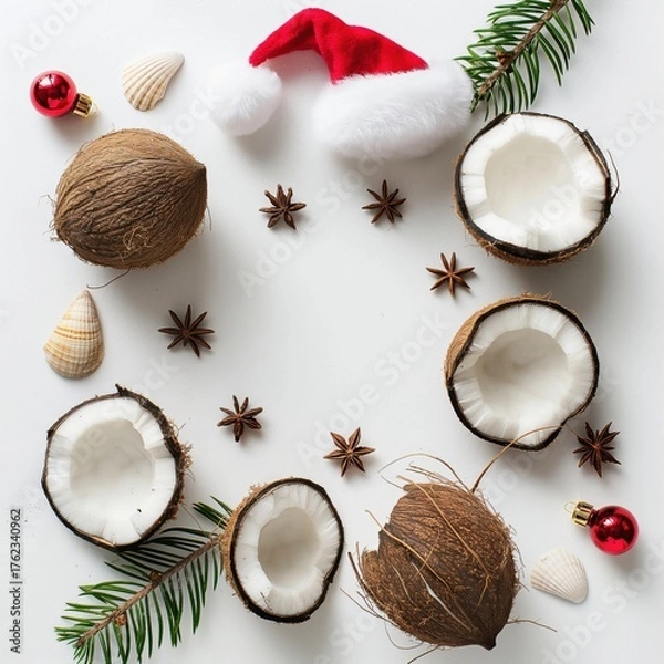 Fototapeta Coconuts, seashells, and Christmas decorations arranged on a white surface. Tropical elements combined with festive ornaments create a unique holiday scene.