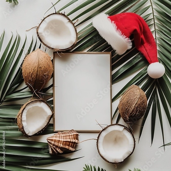 Fototapeta Tropical Christmas scene with a red Santa hat, coconuts, and palm leaves surrounding a blank frame. Ideal for festive holiday themes in warm climates.