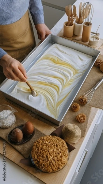 Fototapeta A person prepares yogurt bark on a parchment sheet. The scene includes berry shards, eggs, and various baking tools. It represents a healthy dessert concept.