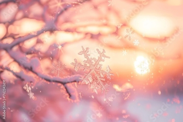 Fototapeta Snowflakes gracefully dangle from branches, sparkling in the soft hues of a winter sunset, symbolizing the beauty and tranquility of the cold season.