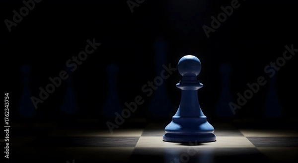 Fototapeta Blue chess pawn on a chessboard with copy space