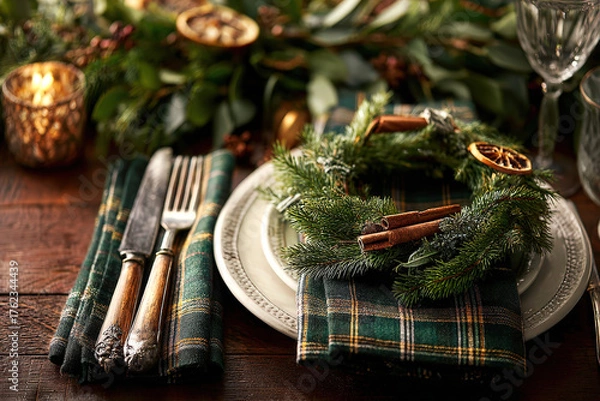 Obraz Rustic Christmas table setting. Festive tables cape in green gold tones, plates with plaid linens, tiny wreath centerpiece, antique cutlery, twinkle lights. Holiday menus blogs, invitations, templates