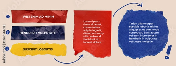 Fototapeta Text boxes made from torn paper. Design elements for presentation with copy space. Empty design template. Frames for text from pieces of colored paper