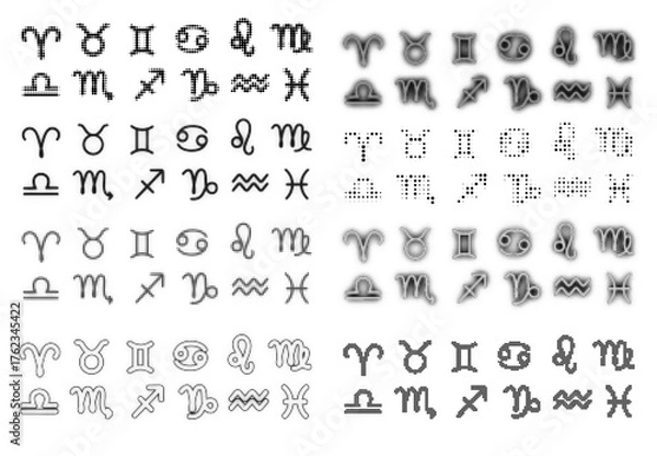 Fototapeta Halftone Zodiac Symbols, Fully Editable Vector of Astrological Signs in Halftone Pattern, Multiple Patterns of Zodiac Signs