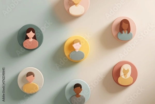 Fototapeta Diverse collection of illustrated faces displayed on a wall, showcasing different hairstyles and skin tones in a modern, minimalist setting