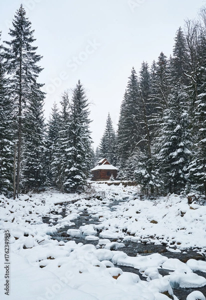 Fototapeta Rustic wooden cabin by a mountain stream in a snowy winter forest.