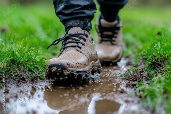Fototapeta Close-up of Hiking Boots Crossing a Muddy Path with Water and Grass Enhancing Outdoor Adventure Experience