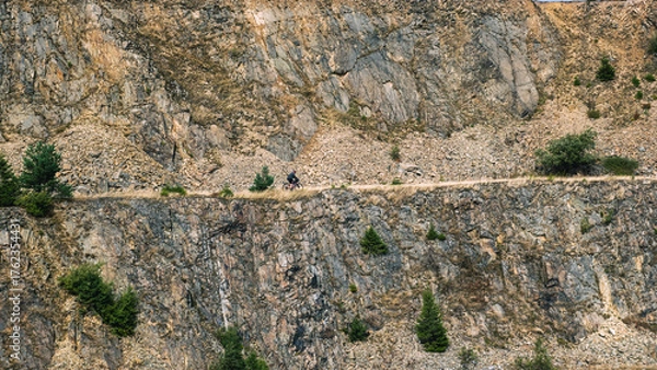 Fototapeta Warstwowy krajobraz kamieniołomu ze skalistymi klifami i rozproszonymi zielonymi drzewami pod zachmurzonym niebem 