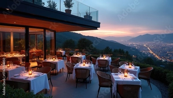 Obraz Elegant restaurant patio with tables set for dinner offers panoramic city view at dusk. Mountain landscape surrounds dining area with soft candle light creating romantic mood for patrons.