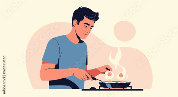 Fototapeta Man Preparing Fried Eggs For Breakfast At Home In His Kitchen