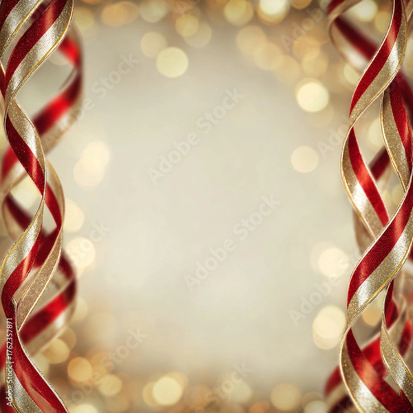 Obraz Abstract holiday background with red and gold ribbons along the edges. Soft light background with bokeh effect. New Year's mood. Minimalistic composition.