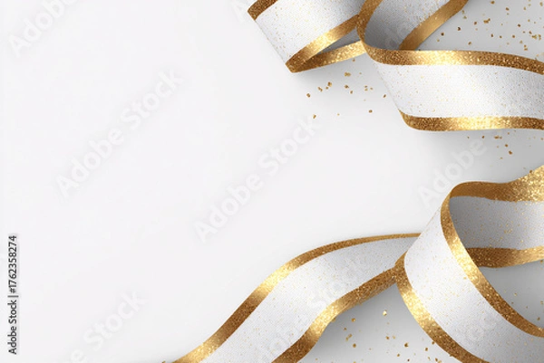 Obraz Minimalistic Christmas banner with gold ribbons on a white background. Elegant festive design. Soft lighting. New Year's background.