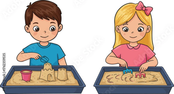 Obraz Cartoon children playing with sand, creative activity, fine motor skills, sandbox tools, educational illustration, kids learning, vector art, school playtime