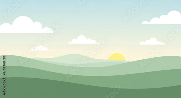 Obraz Peaceful morning landscape illustration of rolling green hills at sunrise with clouds in the sky