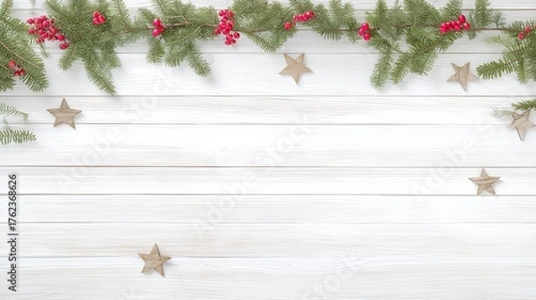 Fototapeta Rustic Christmas Garland with Pine Branches, Red Berries and Wooden Stars on White Background for Holiday Banner