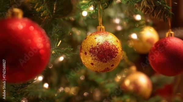 Fototapeta Glittering Christmas Tree Ornaments with Warm Holiday Lighting