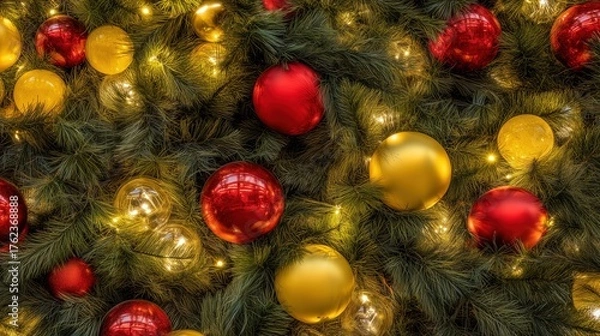 Fototapeta Close-up of Christmas Tree with Red and Gold Ornaments and Warm Lights