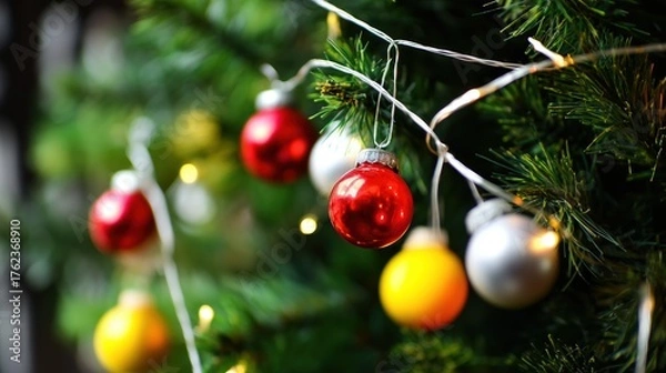 Fototapeta Christmas Tree with Shiny Red Ornaments and Golden Lights