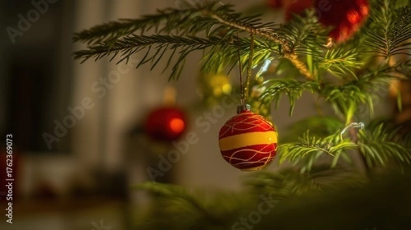 Fototapeta Single Red and Gold Christmas Ornament Hanging on Pine Tree