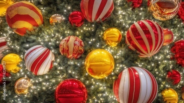 Fototapeta Large Golden and Red Striped Christmas Balls with Glowing Lights