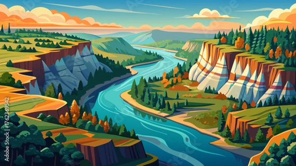 Fototapeta  Very beautiful aerial view of the Buffalo National River winding through northern Arkansas, surrounded by limestone cliffs, dense forests, and tranquil waters reflecting the sky.