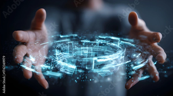 Obraz Futuristic technology in the palm of your hands shows data visualization, virtual reality, and innovation in action for a modern technological world