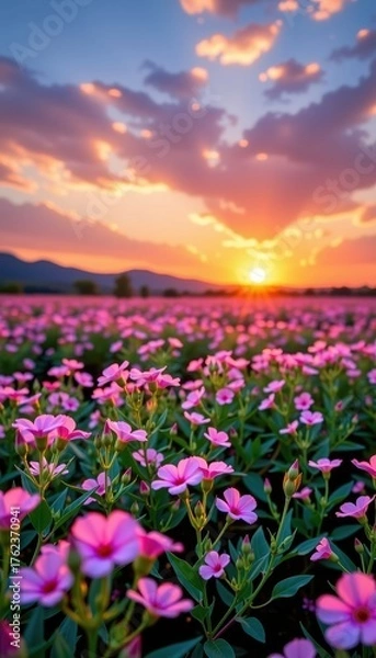 Fototapeta Vast field of delicate pink blossoms bathed in the warm, ethereal glow of a setting sun, creating a breathtakingly dreamy landscape, sky, pastoral, haze