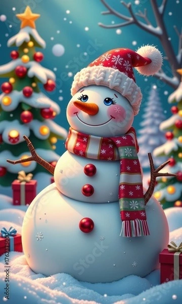 Fototapeta A jolly snowman with rosy cheeks and a carrot nose stands in a winter wonderland, adorned with festive accessories, design, winter, cheerful